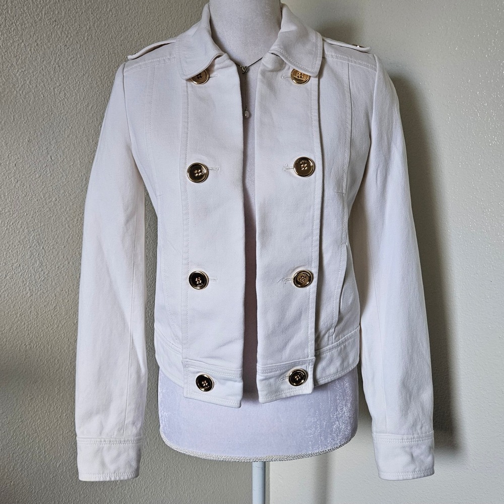 Coach White‎ Linen Military Double Breasted Jacket Gold Buttons Women